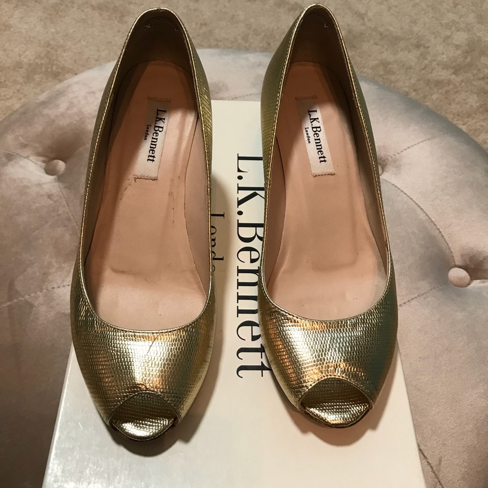LK Bennett London Gold Zelita Peep Toe Wedges